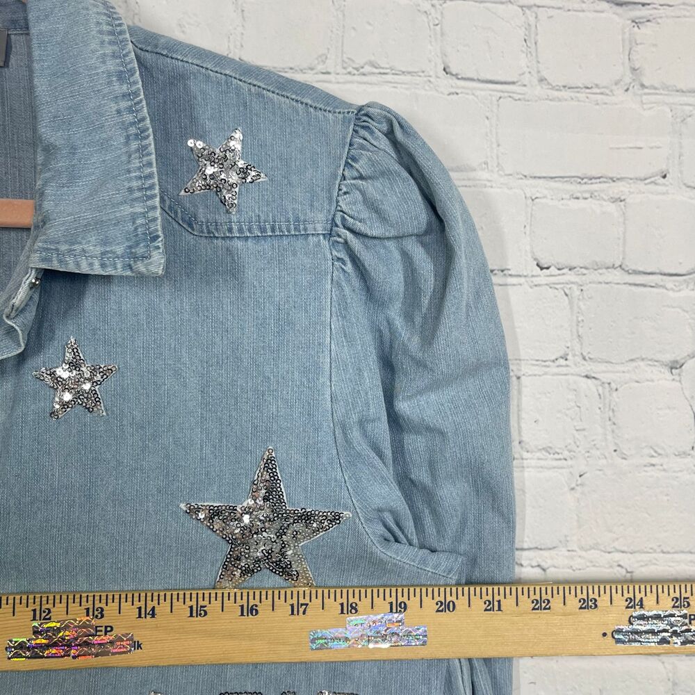 Cowgirl Shirt Women Large Cotton Snap Button Chambray Sequin Western Chic Top - Picture 10 of 13